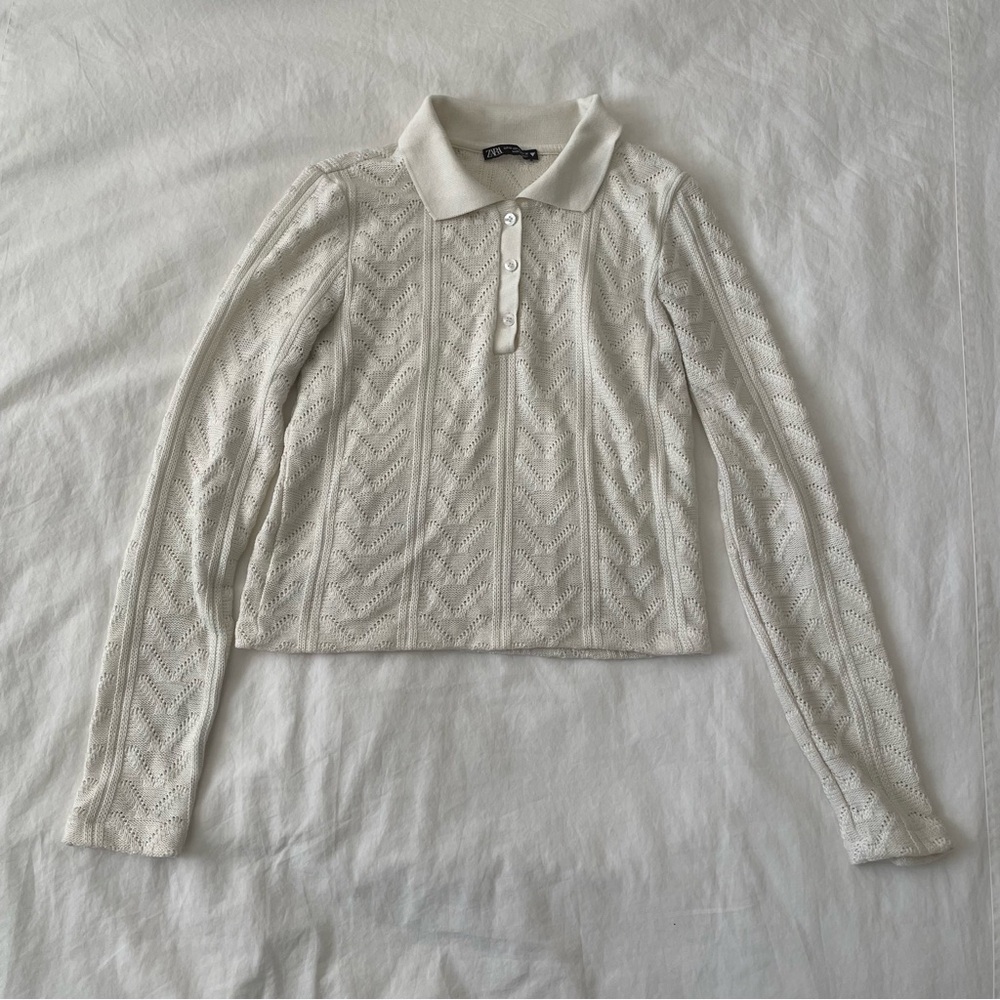 Zara Crochet Knit Quarter-Button Top in Cream